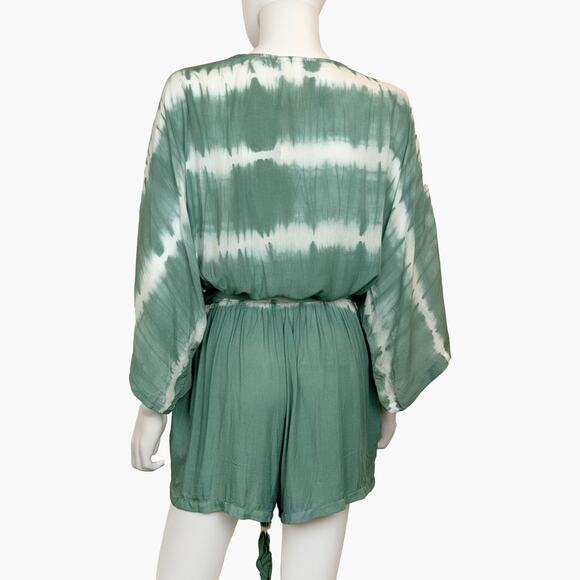 NWT FLAWLESS Faux Wrap Tie-Dye Kimono Romper with Waist Tie (Green | Size M) - Picture 4 of 9